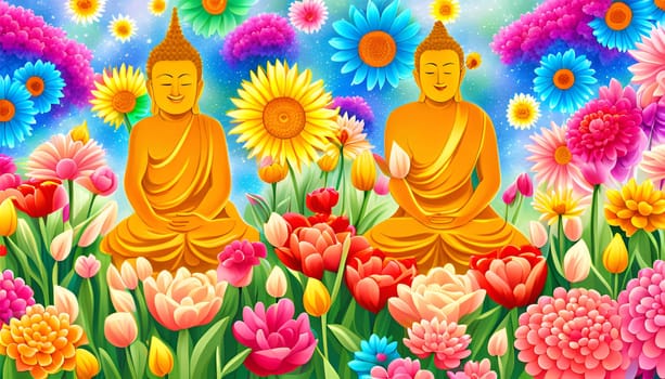 Two smiling golden buddhas among beautiful colorful flowers - Generative AI