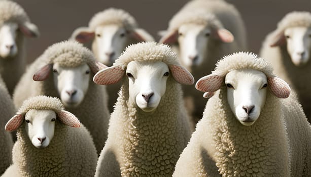 Flock of sheep heads following each other - Generative AI