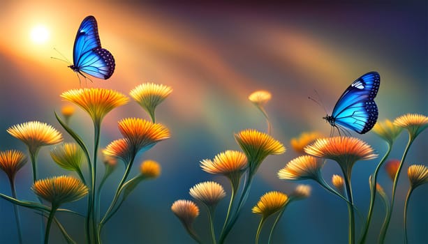 Two blue butterfiles flying next to orange flowers on green bohek background - Generative AI
