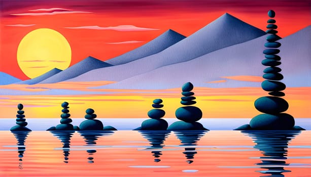Zen stone in balance in peaceful sunset landscape - AI generated