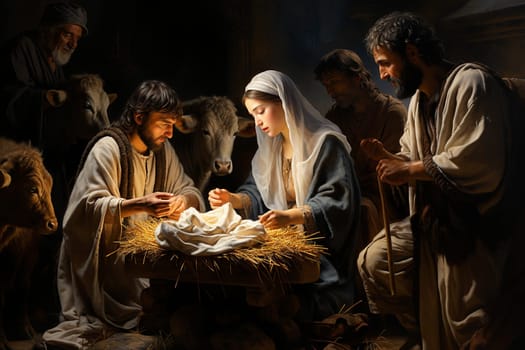 Birth of Jesus Christ in Bethlehem, Mary and Joseph sitting next to the manger , religion and faith of christianity, bibical story of Christmas, generative AI