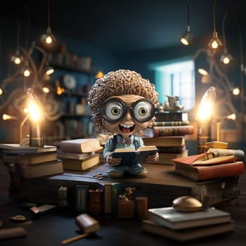 Student learning new skills, human brain with eyeglasses is reading a book, knowledge is power, education and science concept, generative AI