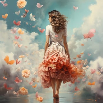 Woman in a dress walking through clouds and pastel colored flowers, self care and mental health concept, positive thinking, creative mind, generative AI