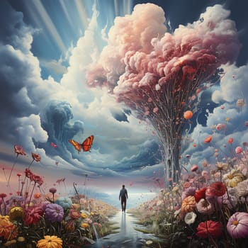 Human walking on a path through clouds and pastel colored flowers, self care and hope concept, positive thinking, creative mind, dreamlike landscape, generative AI