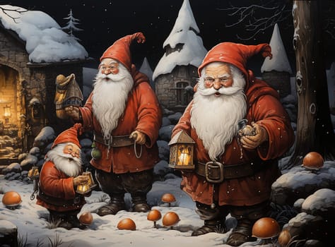 Christmas greeting card, santa claus in a snow covered forest, wooden house, winter season, generative AI