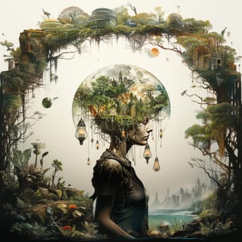 Woman with nature and light bulb mind, explosion of ideas, brainstorming for solutions, smart brain, environment issue, generative AI