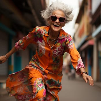 Happy elderly woman runs through the street, wearing a colorful dress, grandmother smiling and enjoying life, generative AI