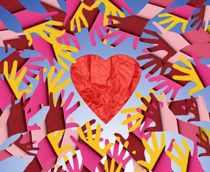 Palms reaching for a red heart, representing the concept of kindness and love. Tolerance