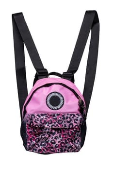 Closeup of a colorful pink red black comfortable school backpack isolated on a white background. Concept back to school. Macro.
