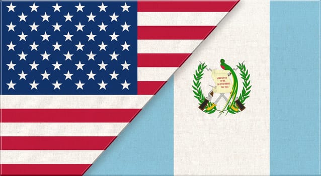 Flags of USA and Guatemala. American and Guatemala diplomatic relations. national flags on fabric surface. Flag of USA and Guatemala - 3D illustration