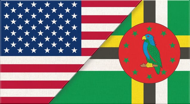 Flags of USA and Dominica. American and Dominica national flags on fabric surface. Flag of USA and Dominica - 3D illustration. diplomatic relations between two countries. Fabric flag of country