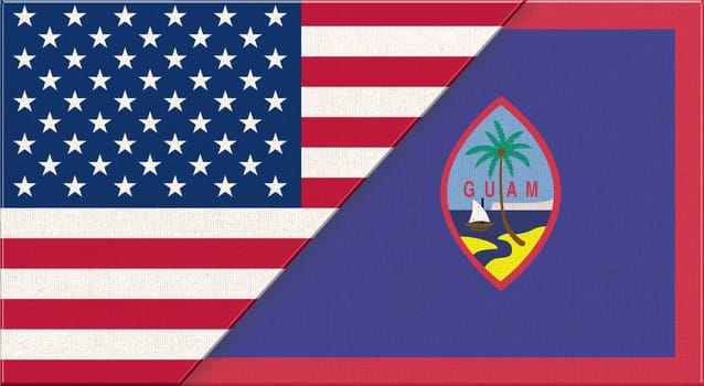 Flags of USA and Guam. American and Guam national flags on fabric surface. Flag of USA and Guam - 3D illustration. diplomatic relations between two countries. Fabric flag of country