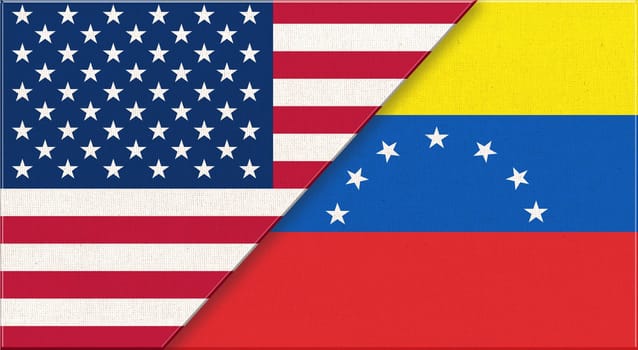 Flags of USA and Venezuela. American and Venezuela diplomatic relations. national flags on fabric surface. Flag of USA and Venezuela - 3D illustration