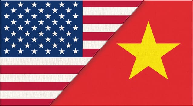 Flags of USA and Vietnam. American and Vietnamese national flags on fabric surface. Flag of USA and Vietnam - 3D illustration. diplomatic relations between two countries. Fabric flag of country