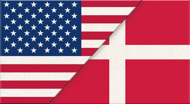 Flags of USA and Denmark. American and Dutch national flags on fabric surface. Flag of USA and Denmark - 3D illustration. diplomatic relations between two countries. Fabric flag of country