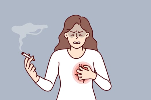 Woman smokes with heart condition needs give up cigarettes and tobacco to avoid dying from cancer. Sick girl feels severe pain in chest due to long-term smoking of nicotine cigarettes.