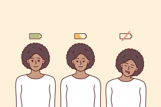 Woman with different battery levels for concept of difference between human mental state and need for recuperation. African american woman before and after work that causes fatigue and takes energy