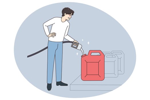 Male driver with pistol hoard petrol in can at gas station. Smiling man buy petroleum collect liquid in canister. Flat vector illustration, cartoon character.