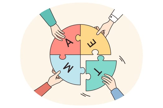 Top view closeup of businesspeople take part of jigsaw puzzle show team unity and motivation for success. Diverse employees participate in teambuilding. Teamwork concept. Vector illustration.