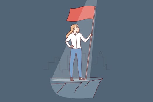Woman leader with flag symbolizing ambition and desire to achieve business success or career growth. Businesswoman leader became winner in industry and defeated company competitors