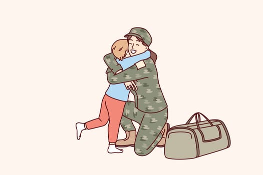 Military woman hugs son after returning from army and participating in hostilities. Mother in military uniform says goodbye to child leaving for detached duty with peacekeeping mission