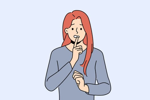 Confused woman touches chin thoughtfully, reflecting on philosophical question or mistake. Confused young girl in casual clothes looks worriedly at screen in need of help or advice