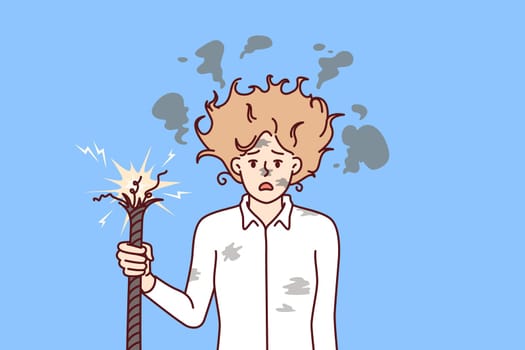 Business woman is electrocuted by broken wire, standing with shaggy hair and dirty face. Concept problems in business due to lack of professionalism and destructive actions badly affecting company