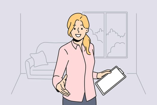 Woman realtor greets you by shaking hands and showing client apartment for mortgage loan. Girl realtor or real estate agent with clipboard friendly invites those who want to rent house in good area