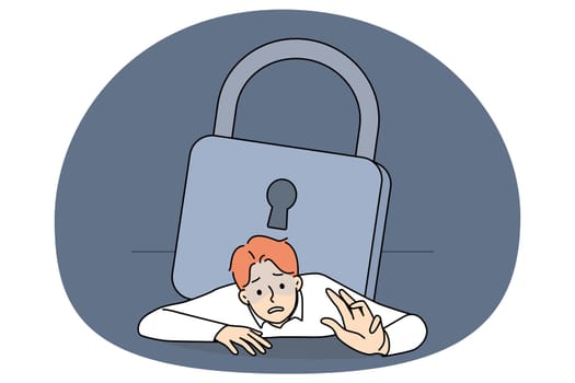 Unhappy businessman under heavy padlock suffer from bankruptcy during lockdown. Stressed man employee pressed by lock burden. Debt and financial crisis. Vector illustration.