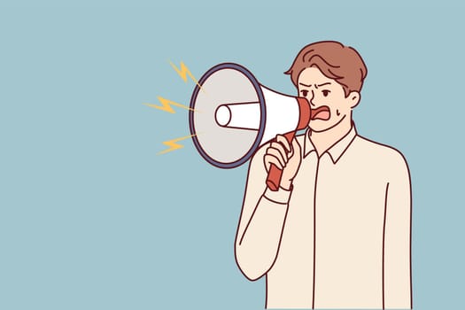 Angry businessman with megaphone yells at employees due to lack of management skills. Nervous businessman making announcements over gramophone to urge colleagues to complete task before deadline