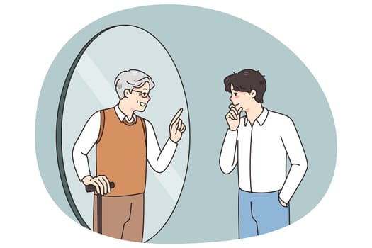 Young man look in mirror see talk with future old self. Younger generation male get advice from older generation himself. Lifetime and self-realization. Vector illustration.