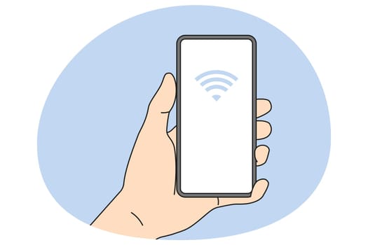 Person holding smartphone with NFC on screen. Near field communication technology on mobile phone. NFC payment with cellphone. Flat vector illustration.