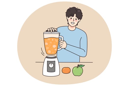 Smiling young man make fresh fruit juice in blender at home. Happy guy drink homemade smoothie follow healthy lifestyle. Diet and nutrition. Vector illustration.
