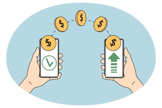 People sending money online via easy banking on cellphones. Finance transfer using smartphone application. Mobile wireless payment on cellular. Virtual wallet. Vector illustration.
