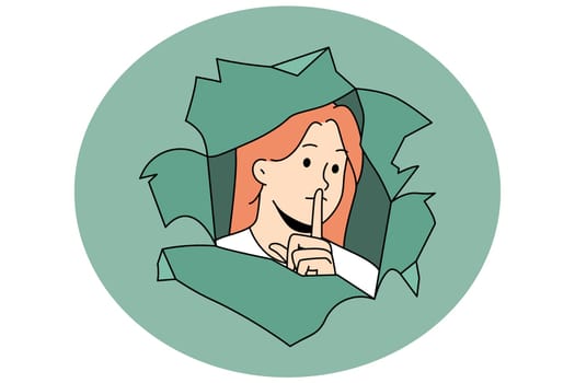Young woman look through paper hole keep finger at lips ask for silence. Girl beg for being quiet and silent. Keep secret and not talk much. Censorship concept. Vector illustration.