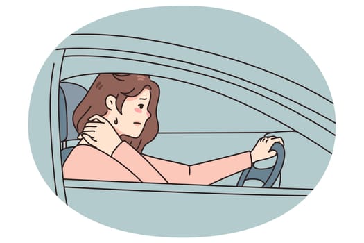 Unhealthy woman driving suffering from neck spasm from sedentary position. Unwell tired female driver struggle with backache or pain, have muscle strain. Flat vector illustration.