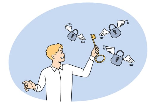 Smiling businessman hold key unlock padlocks solving business problem. Happy male employee find solution to trouble. Achievement and success. Vector illustration.