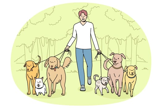 Smiling man walking dogs on leashes in park. Happy male walker provide professional pet walk service. Domestic animals care concept. Flat vector illustration.