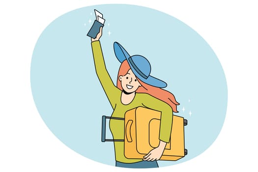 Overjoyed young woman in sun hat hold suitcase and flight ticket excited about travel or trip. Smiling girl ready for summer adventure or vacation. Tourism concept. Vector illustration.