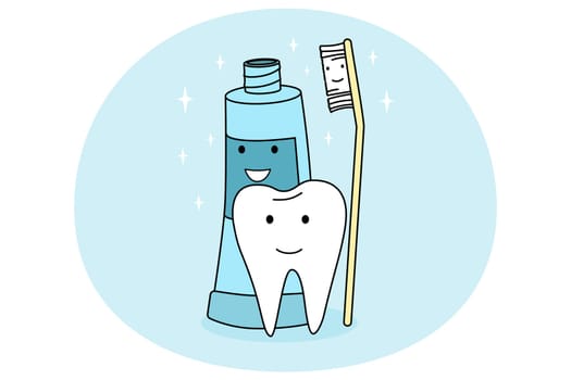 Smiling tooth, toothbrush and toothpaste feeling positive recommend good oral care. Concept of dental treatment and healthcare. Dentistry recommendation. Vector illustration.