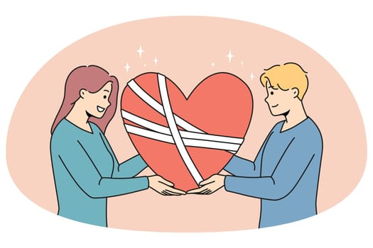 Happy man and woman hold in hands fixed broken heart with bandages on surface. Concept of couple counseling and marriage save session. Love and forgiveness. Vector illustration.