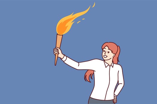 Woman with burning torch lights way in dark for concept of finding solution in difficult situation. Successful businesswoman leader boldly looking for solution to increase company income
