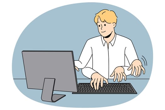 Businessman working on computer with numerous hands being fast and productive at work. Male employee typing at laptop at high speed. Productivity and multitasking. Vector illustration.