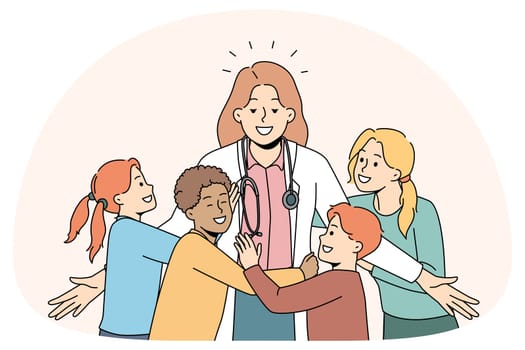 Happy little kids hugging smiling female doctor in clinic. Excited small children embrace pediatrician show love and care. Good medical service in hospital. Vector illustration.