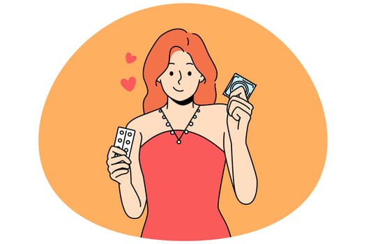 Young woman holding condom and birth control pills use different means of protection for sex. Smiling girl with contraception methods for unplanned pregnancy prevention. Vector illustration.