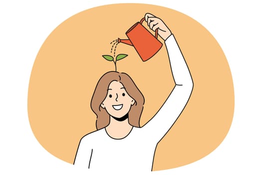 Happy woman use water can watering seedling in brain improving creativity thinking. Smiling girl involved in self-improvement process. Mindset and mental growth. Vector illustration.