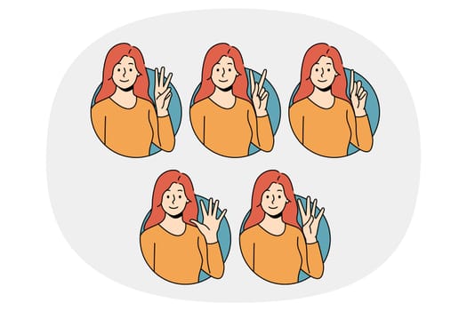 Set of smiling woman showing numbers with hand gesture. Happy girl demonstrate numeric combinations with fingers. Body language, nonverbal communication. Vector illustration.