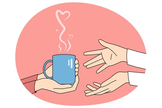 Person holding cup with hot drink give it to friend. People sharing hot coffee or tea. Concept of help and support. Vector illustration.