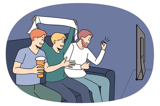 Overjoyed guys sit on coach drinking beer watching football on TV. Happy men enjoy sport game on television. Fan or supporters cheering favorite team. Vector illustration.