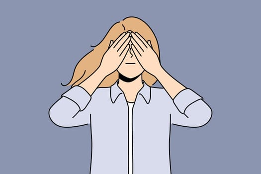 Woman closes eyes in anticipation of surprise or playing with small child. Young girl closes eyes and acts up not wanting to see unpleasant things or trying to hide in order to avoid stress.